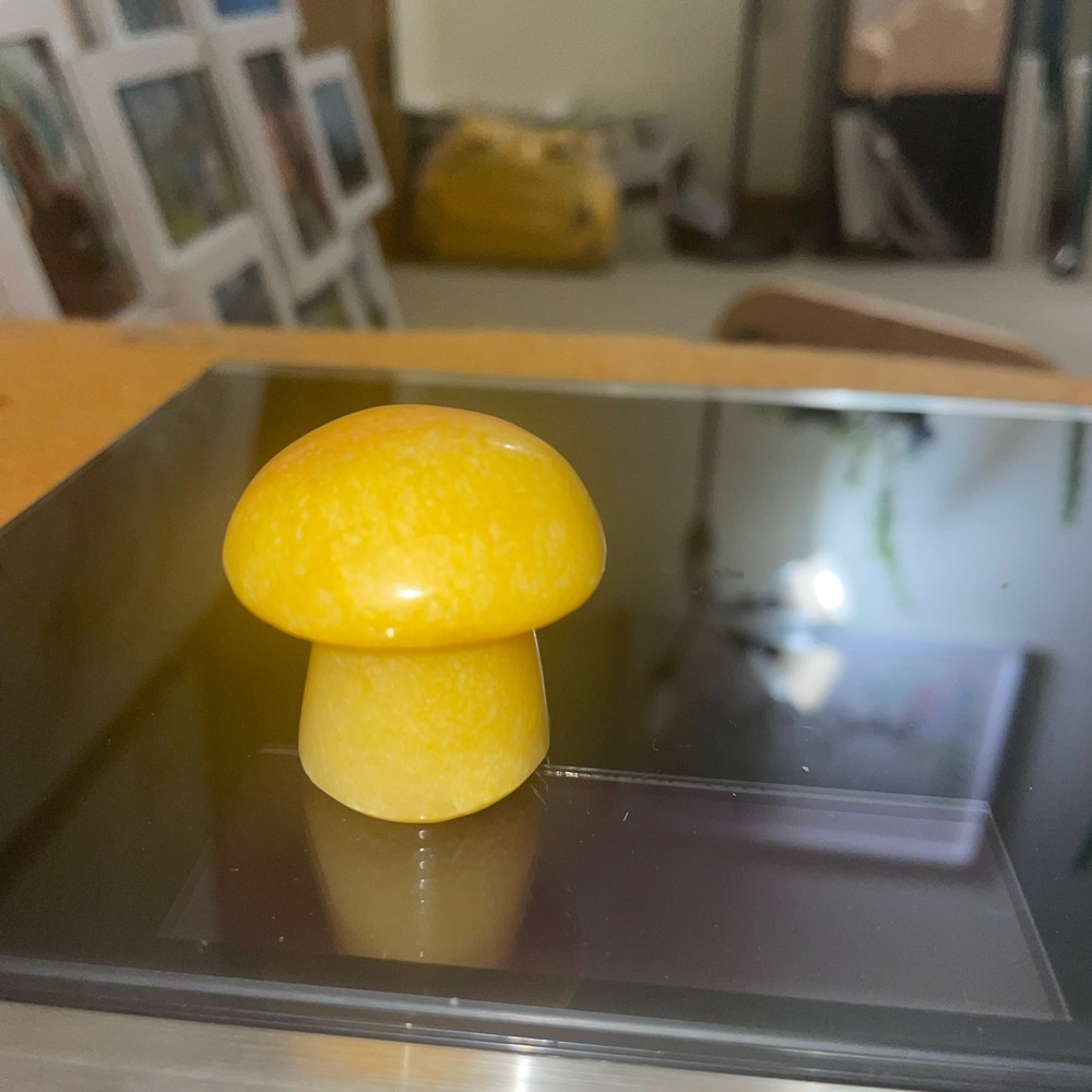 Miniature Hand Carved Stone Mushroom Sculpture - Yellow